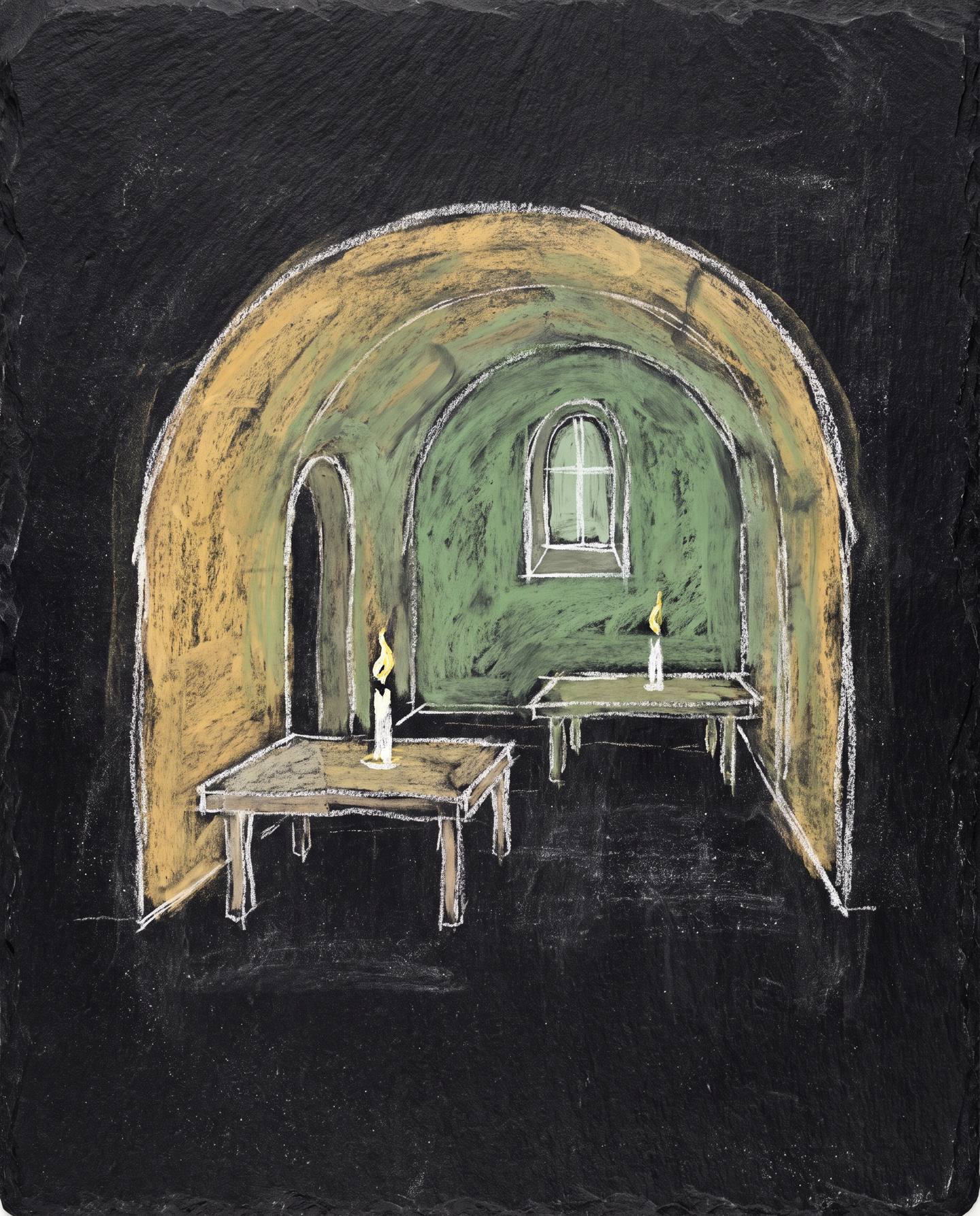 Disegno a gessetti della sala: volta a botte, arco ocra, parete di fondo verde e due tavoli con candela accesa
